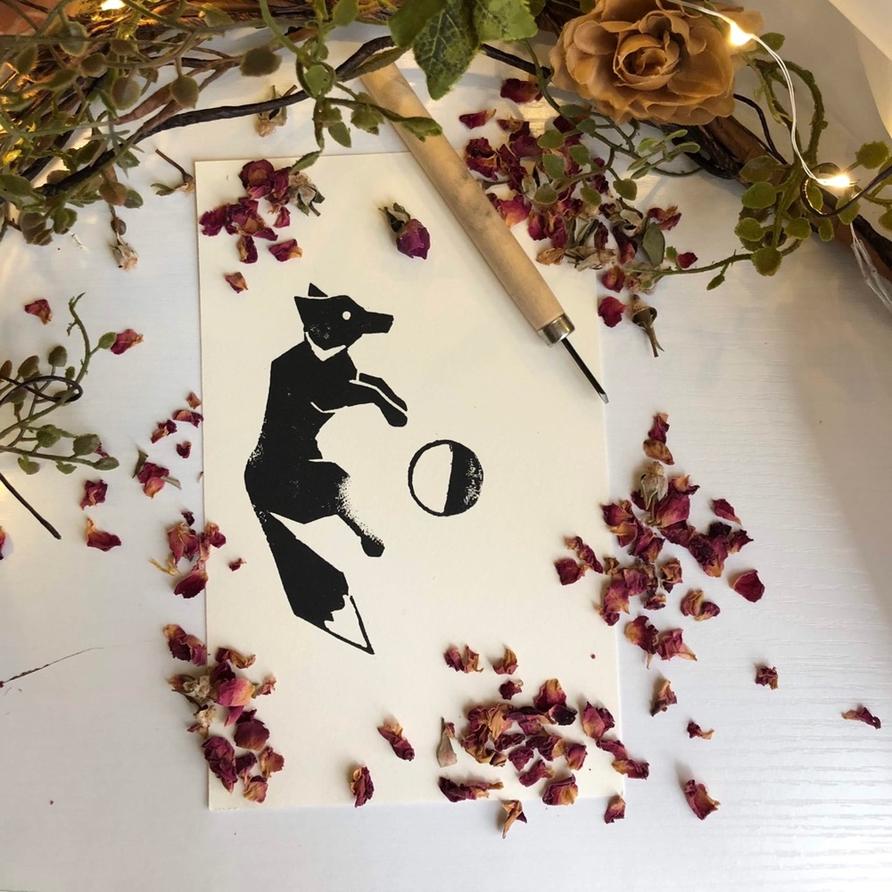 Linoleum Prints Hand Made Fox & Moon - Picture 2 of 5
